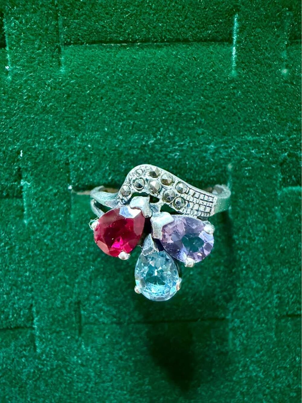 Sterling Silver Marcasite & Multicolor Gemstone Ring, Size 7.75